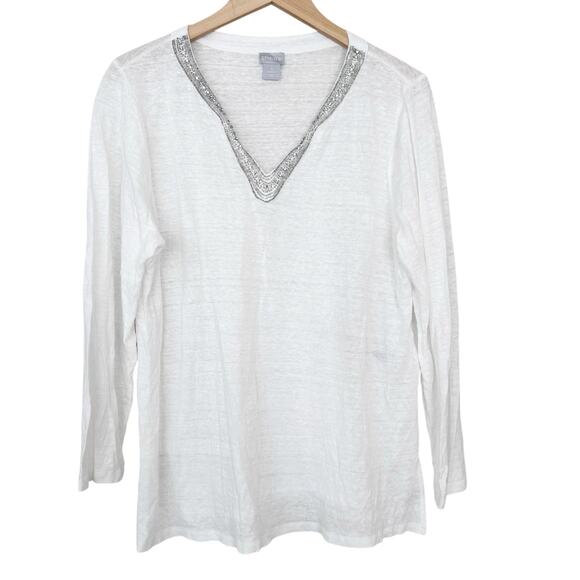Chicos White Beaded 100% Linen Split Neck Long Sleeve Shirt Sz XL - Picture 1 of 6
